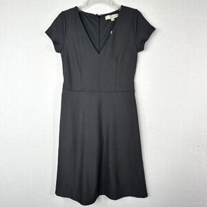 Loft Dress 2 Black Ribbed Fit and Flare Tie Back V Neck Short Sleeve Work NEW